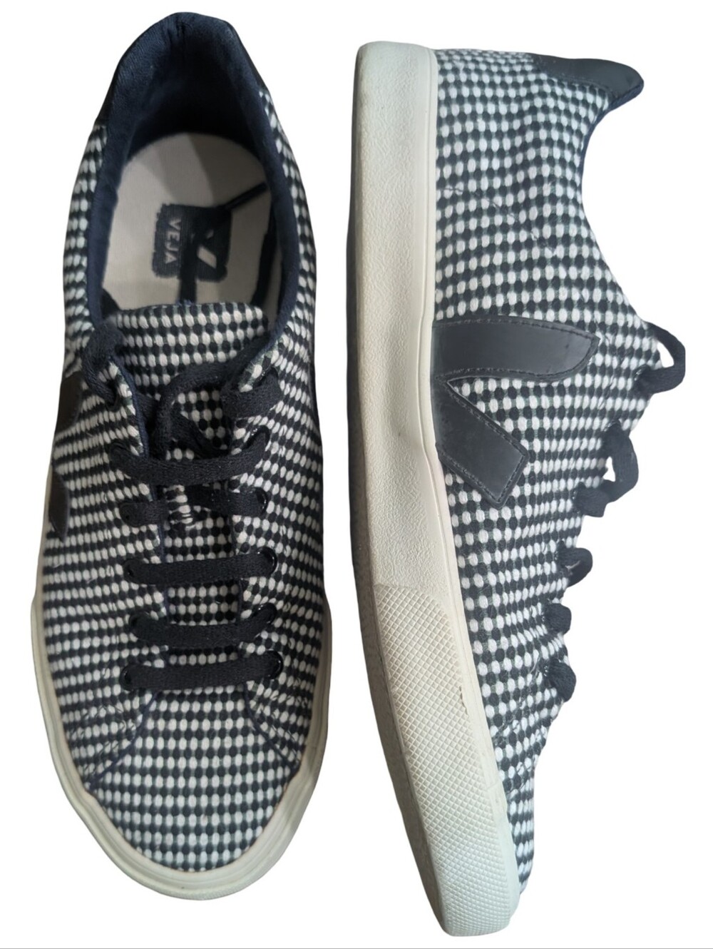 Veja Low Top Sneakers Black White Houndstooth Textile Women's 10